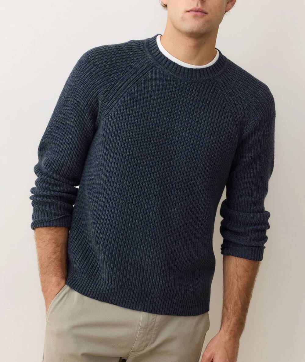 NEW MARINE LAYER inverness crew sweater in navy/ green